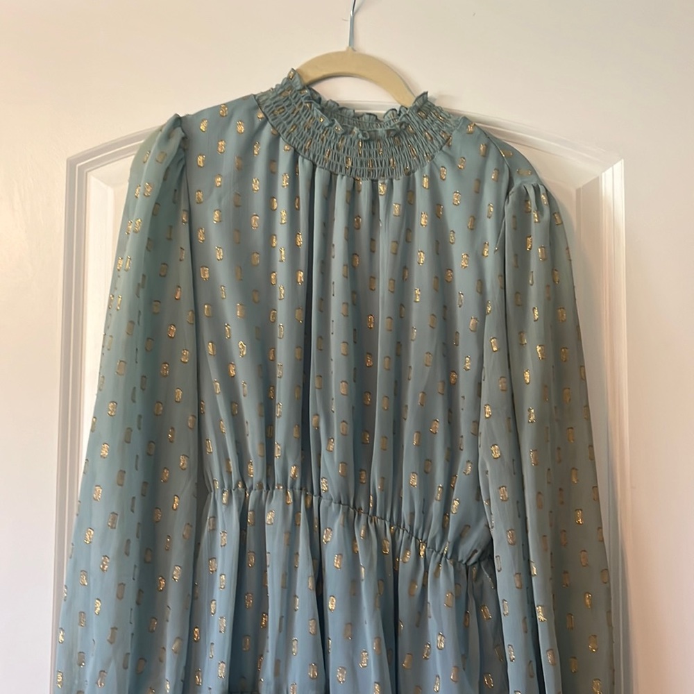 Blue with gold detail high neck dress